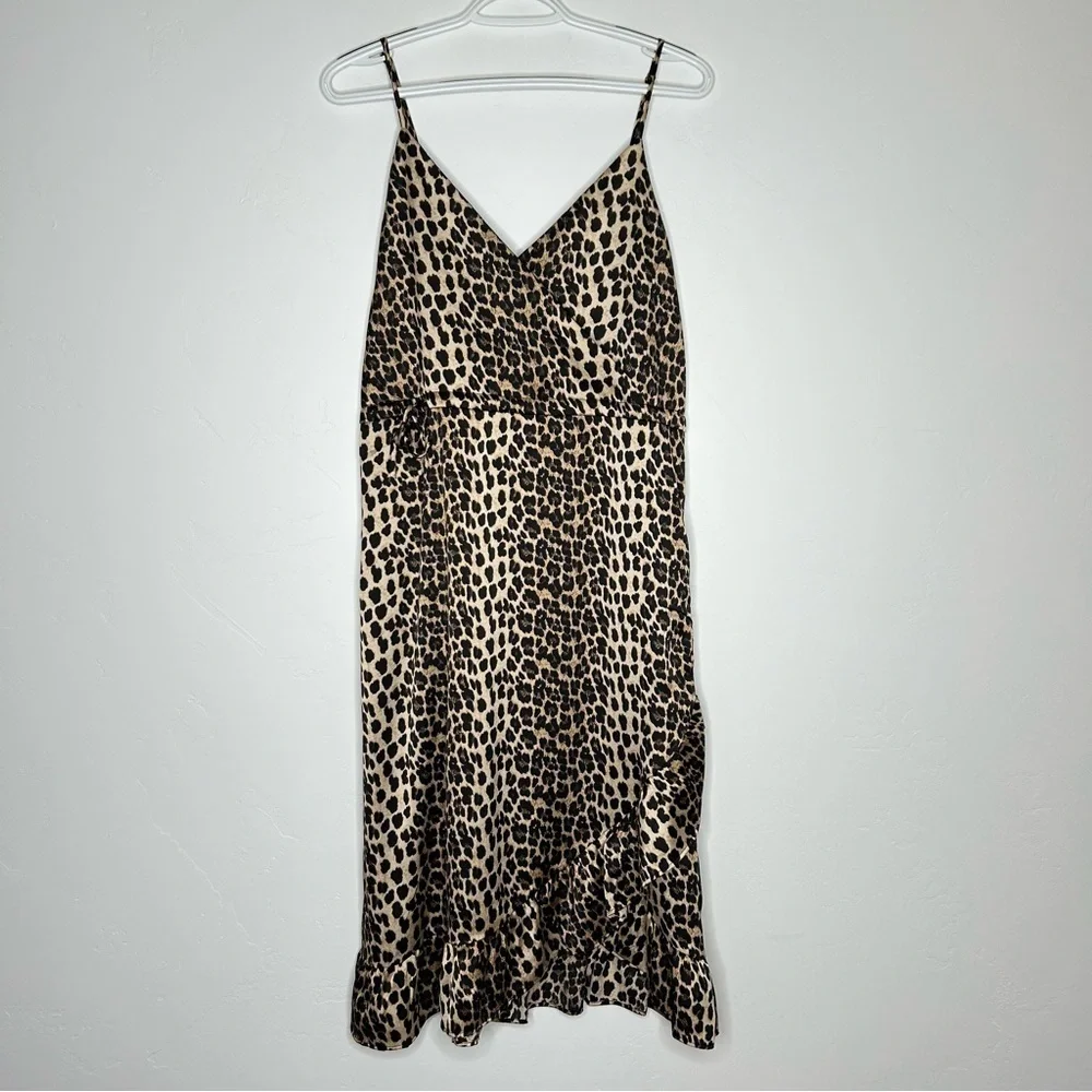 NWT L&B Leopard Satin Mini Dress Size Large Ruffles Festival Cocktail Party Boho - Picture 1 of 10